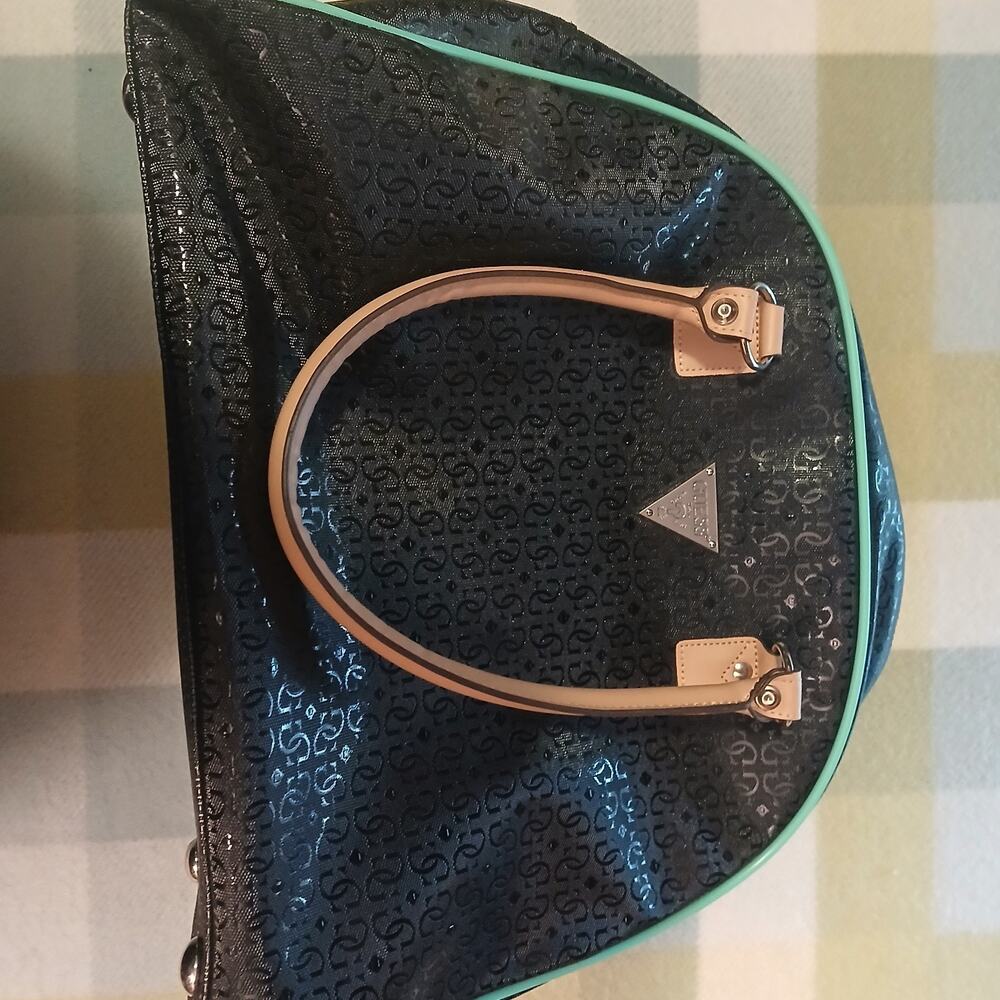 GUESS Vintage Y2K Logo Monogram Shoulder Travel Bag Weekender Black Green Rare